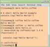 Figure 2: The command-line tools in action: first, the interpreter executes the script hello.coffee, then the compiler translates it into JavaScript code.