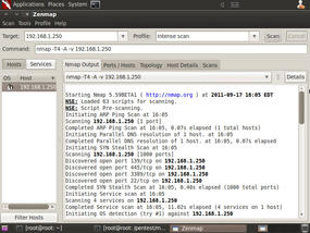 Figure 3: Zenmap scanning host 192.168.1.250 with a quick, intense sweep.